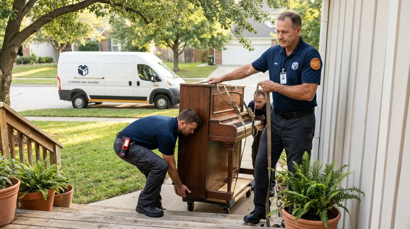 Licensed piano movers securing grand piano in Superior, WI