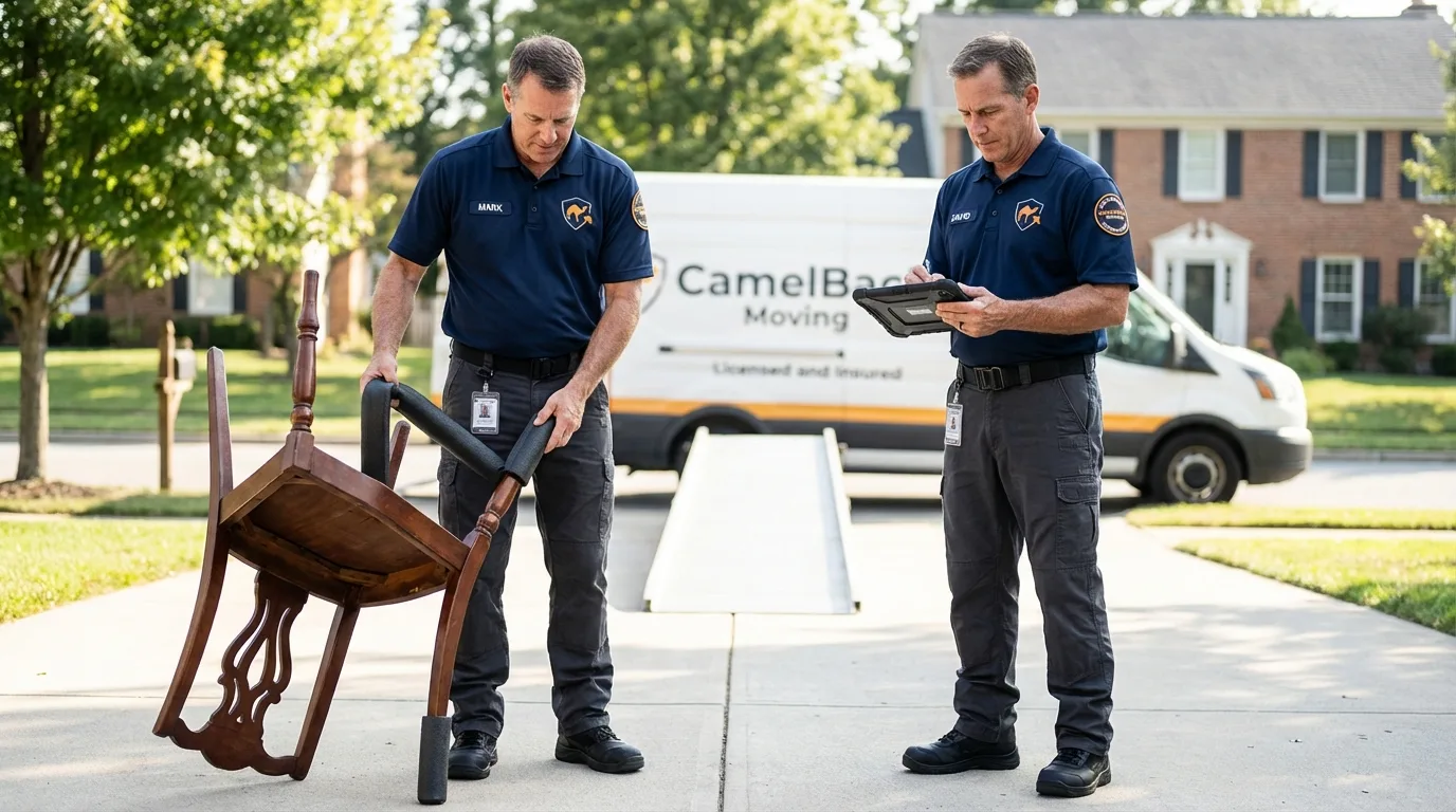 Movers inspecting furniture for damage prevention before loading in Superior, WI