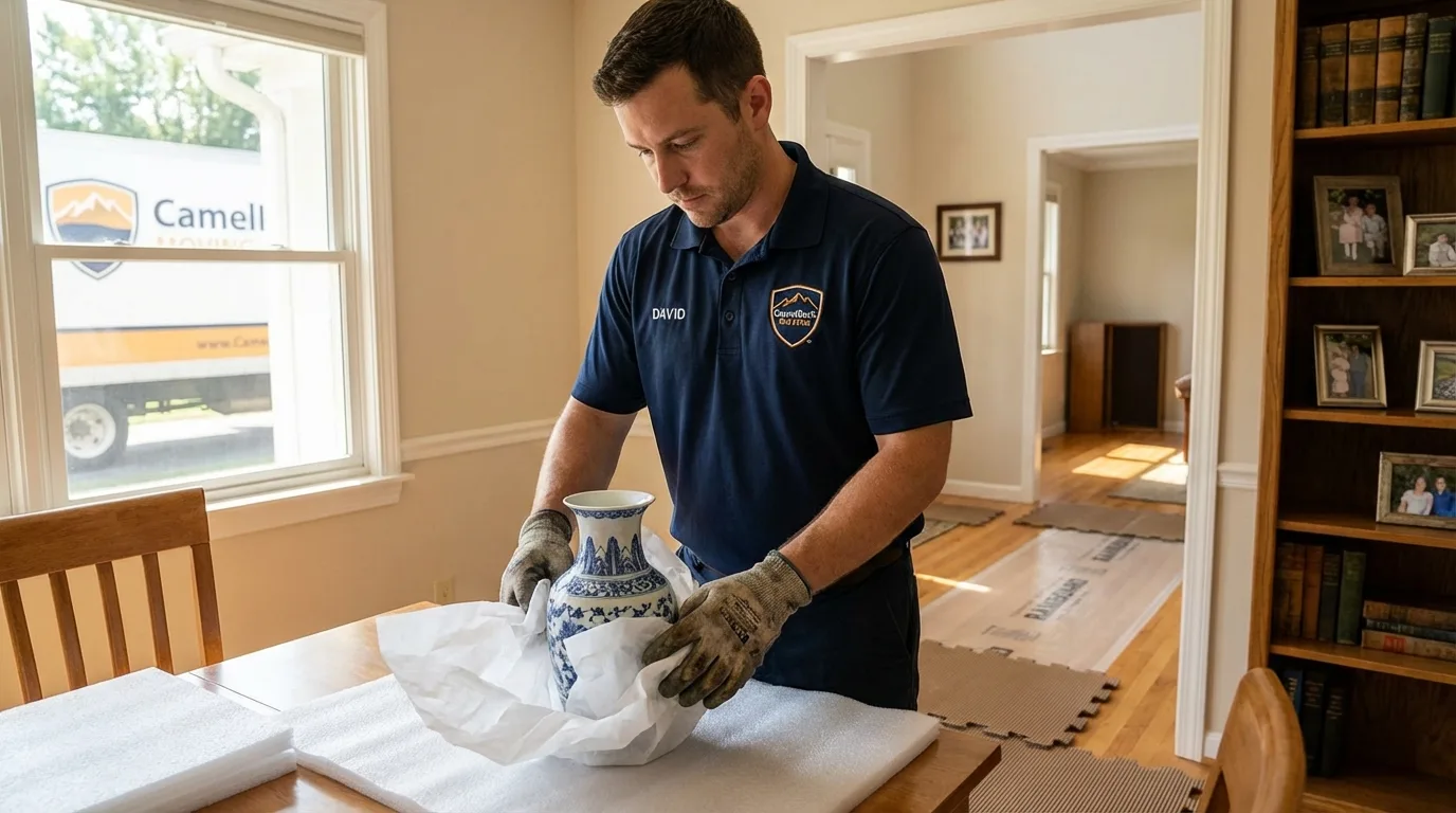 Professional crew carefully wrapping antique vase for senior downsizing move in Superior, WI